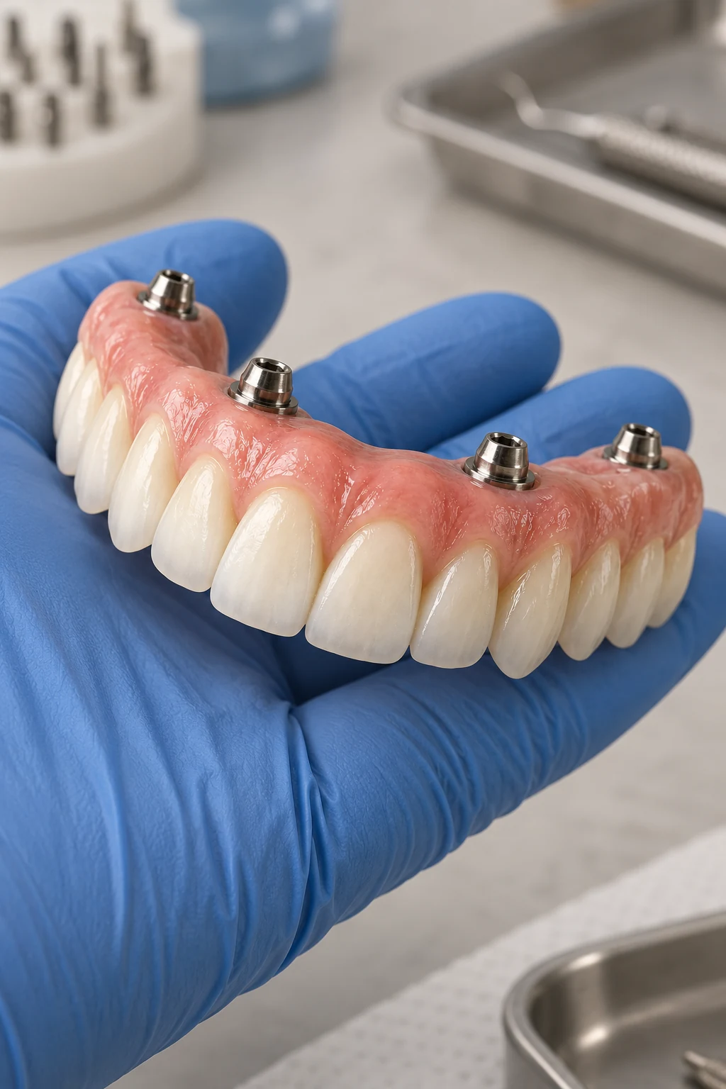Modelo ilustrativo de prótese protocolo para arcada completa, com quatro conexões para implantes